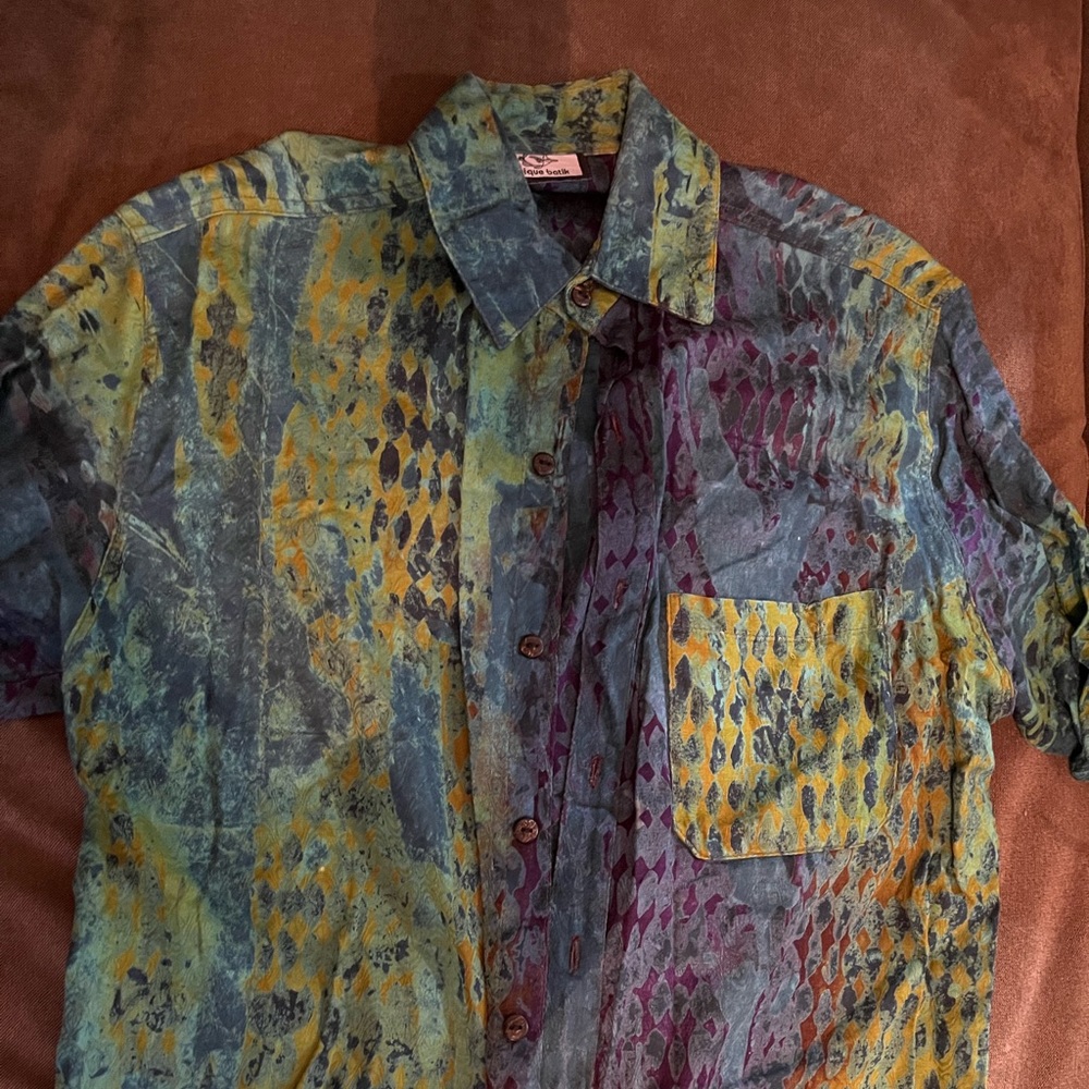 Unique Batik handmade button up shirt. Size Medium. Abstract design, hippy style